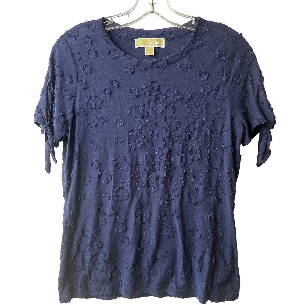 MICHAEL KORS Women Navy Blue Textured Short Sleeve Tie Sleeve T-Shirt Top Size S